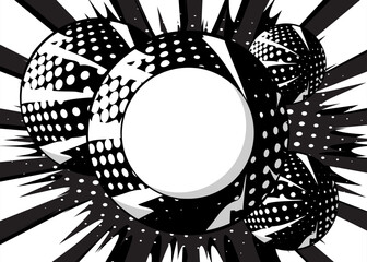 Comic book Black and white Advertising background. Comics Presentation poster with blank sphere for text. Abstract busy space, retro pop art style.