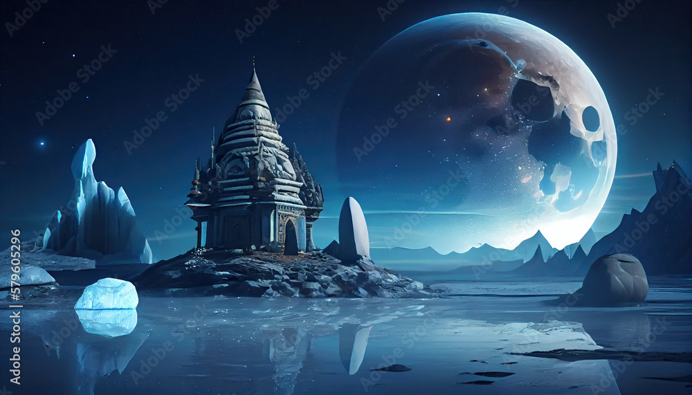 Wall mural mystical hindu temple on an aurora-lit iceberg with alien moons created using generative ai