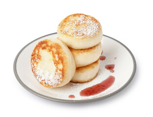 Plate with delicious cottage cheese pancakes isolated on white background