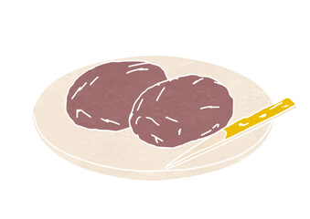 皿にのせたこしあんのぼたもちのイラスト（版画風）