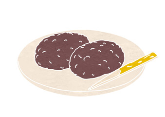 皿にのせたぼたもちのイラスト（版画風）