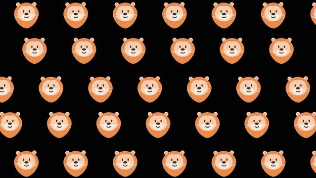 A cute lion head  animated pattern design motional texture wallpaper background cartoon face character black background Animals animation