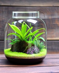 Cute terrarium, Glass jar with leaves, Small Terranium, Herbs in a glass jar, Plants in a Jar, Terranium, Plants, Glass pot, Plants in Glass, Generative AI