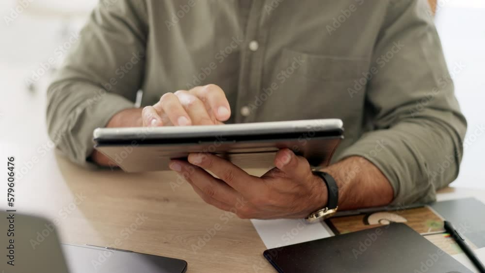Aufkleber tablet, business man hands and digital work of a financial analytics employee typing for research. o