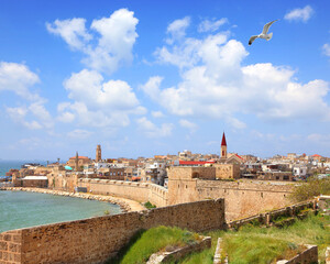 Panoramic view of the Old city of Acre (Akko). Mediterranean. Israel