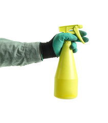 Gardener with spray bottle on white background