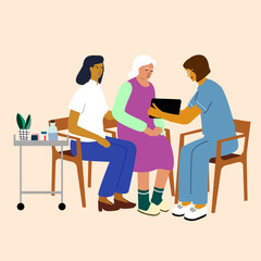 Elderly Care and Nursing Home Concept. Nurses speaking and teaching  senior woman. Help for seniors with disabilities.  Vector illustration isolated on  background.