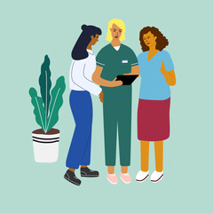 Nurses are discussing about care plan and workflow. Medical team concilium concept. Flat vector illustration.