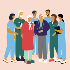 Doctors and nurses congratulate old people. Elder care and help concept. Social workers taking care, celebrate, entertain senior man and woman. Vector flat cartoon illustration. 