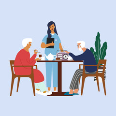 Old man and woman eating and talking in the nursing home or hospital.  Elderly old people help and care service, happy retirement concept. Cartoon Vector Illustration