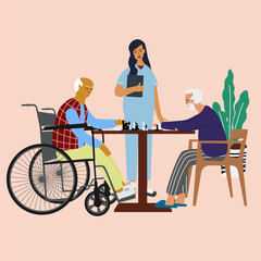 Old men playing chess in the nursing home or hospital.  Elderly old people help and care service, happy retirement concept. Cartoon Vector Illustration