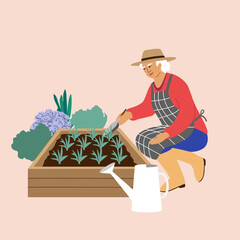 Old woman working and relaxing  in the garden.  Concept of health care, happiness, goodmood of elderly people . Harmony and Balance life on the retirement. Cartoon Vector Illustration.