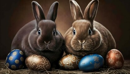 Fototapeta na wymiar Cute animals cute easter rabbits in the middle of chocolate eggs, Generative AI