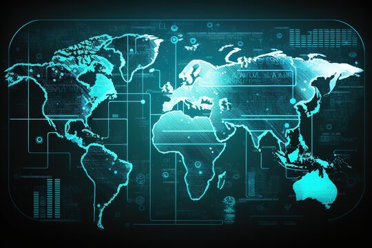 Image of digital interface and data processing over world map on blue background
