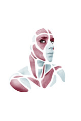 Portrait with shape of gray and red polygons on beautiful human face, neck, shoulders. Geometrical...