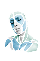 Portrait of person with shape of gray and blue polygons on face, neck, shoulders. Geometrical...