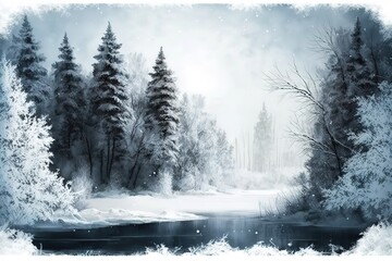 Winter background of snow and frost with landscape of forest