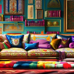 Couch with many colorful pillows 2_SwinIRGenerative AI