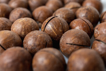 light background, macadamia nuts close-up on a light surface, tasty nut healthy nutrition, food.