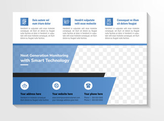 next generation monitoring with smart technology flyer design template use horizontal layout. white background combined with blue and black colors element.  rectangle shape for space of photo collage.