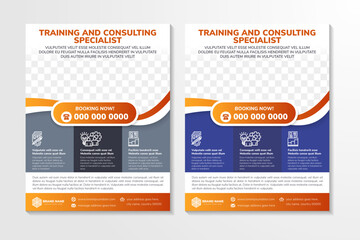 flyer template design with headline is training and consulting specialist. space of photo collage and text. Advertising banner with vertical layout. orange, purple, grey element with white background.