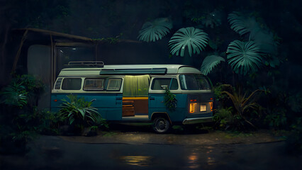 Auto camping, camper van in the rainforest with tropical plants, camping under trees