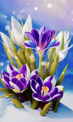 Crocuses in snow.  Illustration created with Generative AI technology