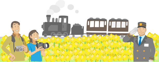 菜の花畑を進む観光列車