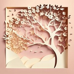 Illustration to celebrate Cherry Blossom Day. Sakura in Japan. Designed as papercut. Square. Generative AI technology.