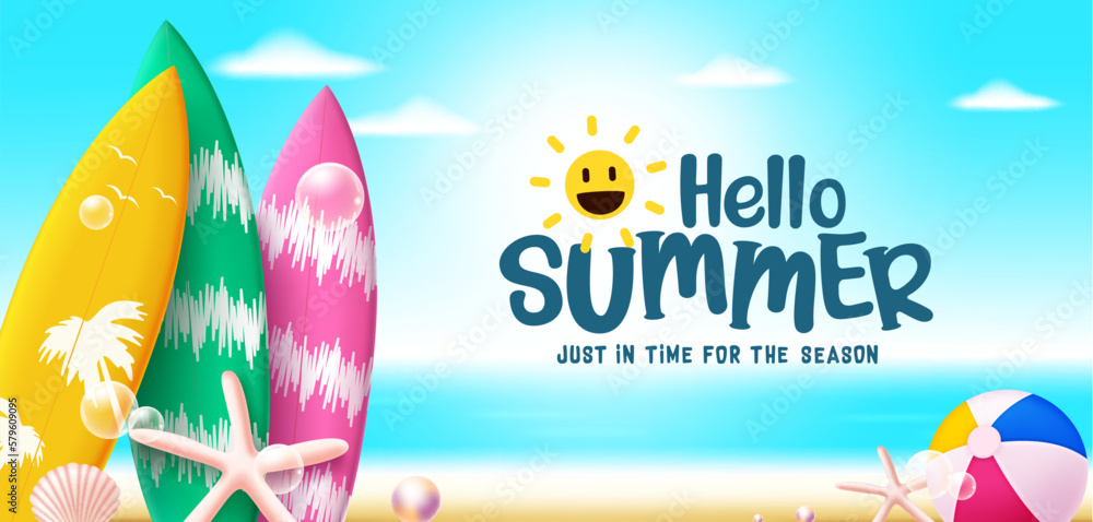 Poster hello summer vector design. hello summer greeting text with surfboard and beach ball elements in bac