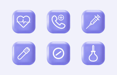 3d medical equipment icons on realistic violet buttons. Healthcare elements for mobile concepts and web apps. Modern infographic logo and pictogram collection. Vector cartoon illustration.