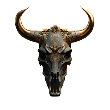 Bull Skull with Horns, Ornate Gold Detail, Transparent Background PNG
