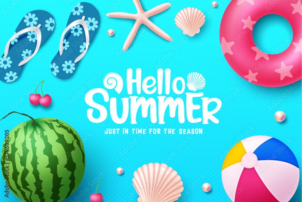 Poster hello summer vector background. hello summer text with beach elements like watermelon, floater and b