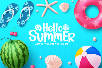 Hello summer vector background. Hello summer text with beach elements like watermelon, floater and beach ball. Vector illustration summer holiday background.
