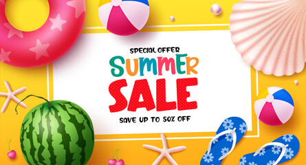 Summer sale vector design. Summer sale save up to 50% off text special promo offer for holiday season. Vector illustration summer sale template. 

