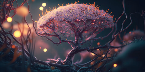 close up, a surreal representation of a dream as neurons inside a brain