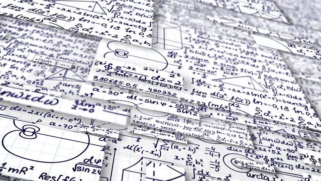 Handwritten Basic Math Formulas And Equations, Digital Futuristic Animation Flying Through The Camera, Education Technology Concept.