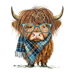 Cute Highland Cow with a Fashionable Twist: Scarf and Glasses Generative AI  - obrazy, fototapety, plakaty