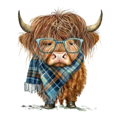 Foto op Canvas Cute Highland Cow with a Fashionable Twist: Scarf and Glasses Generative AI  © Adisorn