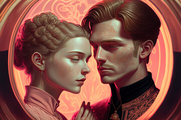 Obraz premium Young attractive couple embraces in a roses field with sunset in background AI-Generated