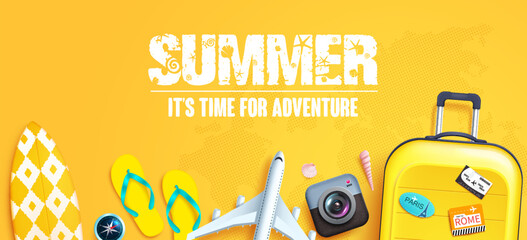 Summer vector background. Summer time adventure text in yellow empty space and holiday travel elements. Vector illustration summer holiday template.
