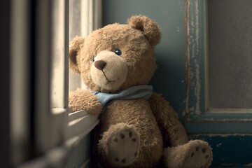 illustration, teddy bear in a window, ai generative