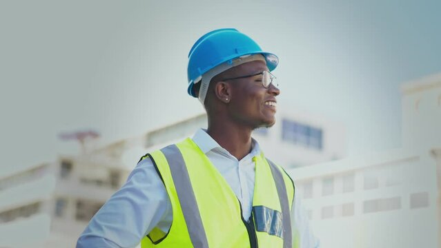 Happy black man, engineer and construction in the city with smile for architecture or industrial building. African American male contractor, builder or architect smiling with safety helmet in town
