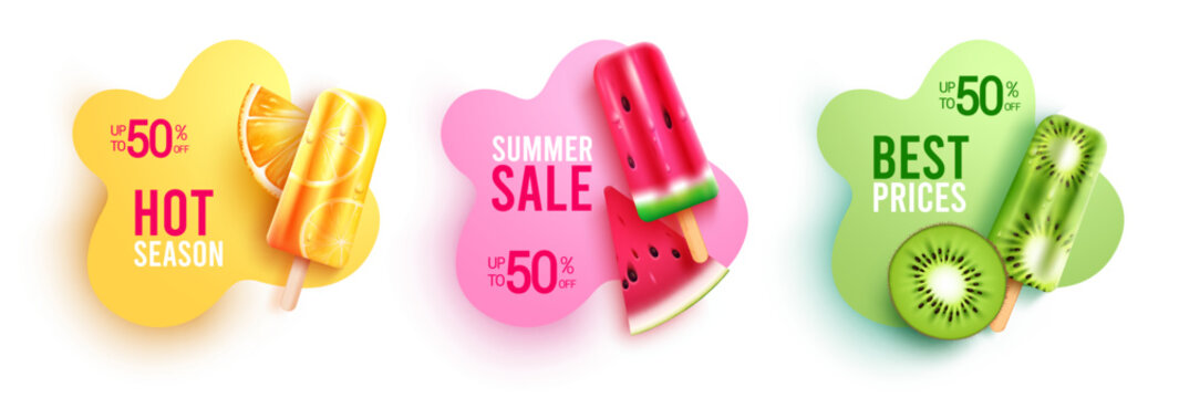 Summer sale vector set. Summer sale, best prices and hot season up to 50 % off promo discount text with tropical fruits and popsicle. Vector illustration summer sale abstract.
