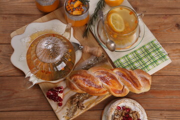 Camembert with tea and pastries
