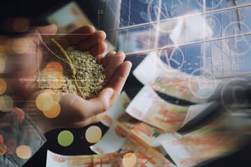 The concept of the cost of grain. 5000 ruble banknotes around a handful of ground grain. World...