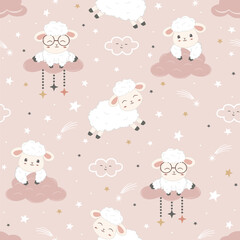 Kawaii cute seamless pattern with sheeps. Cartoon animal background. design for scrapbooking, decoration, cards, textile, paper goods, background, wallpaper, wrapping, fabric and more