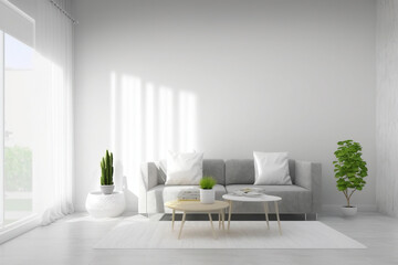 Living room interior wall mockup in warm tones with beige linen sofa, dried Pampas grass, woven table  decoration on empty wall background. 3D rendering, illustration. Generative AI