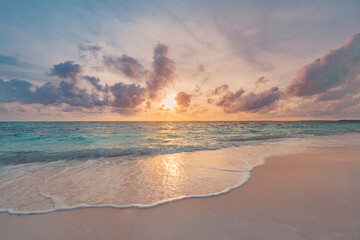 Closeup sea sand beach. Beautiful beach landscape. Inspire tropical beach seascape horizon. Dreamy...