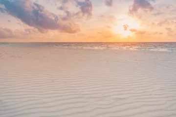Fotobehang Closeup of sand on beach and dreamy summer sky. Panoramic beach landscape. Empty tropical beach and seascape. Orange and golden sunset sky, soft sand, calmness, tranquil relaxing sunlight, summer mood © icemanphotos